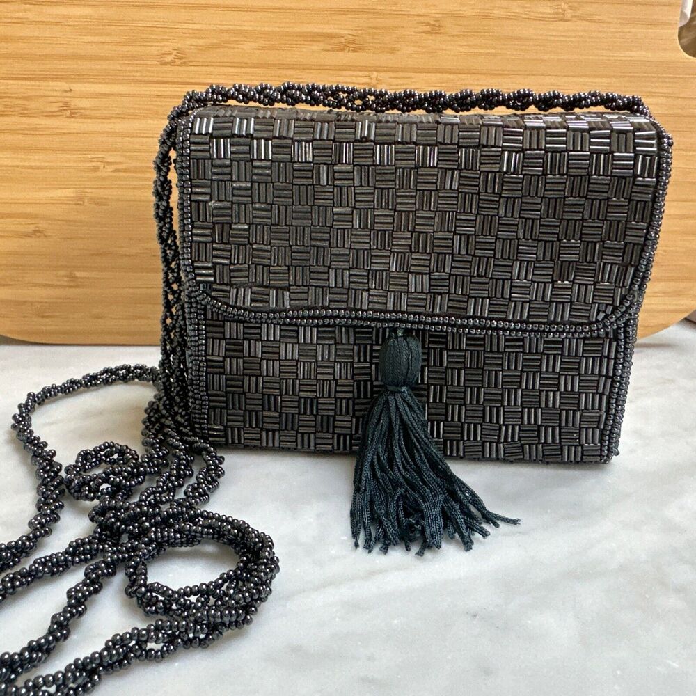 Cache Beaded Gray Evening Shoulder Bag‎ Tassle EUC